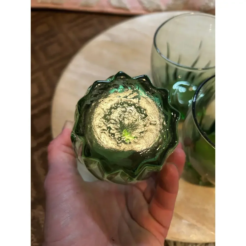 Vintage Set of 3 Green Swirl Glass Tumblers